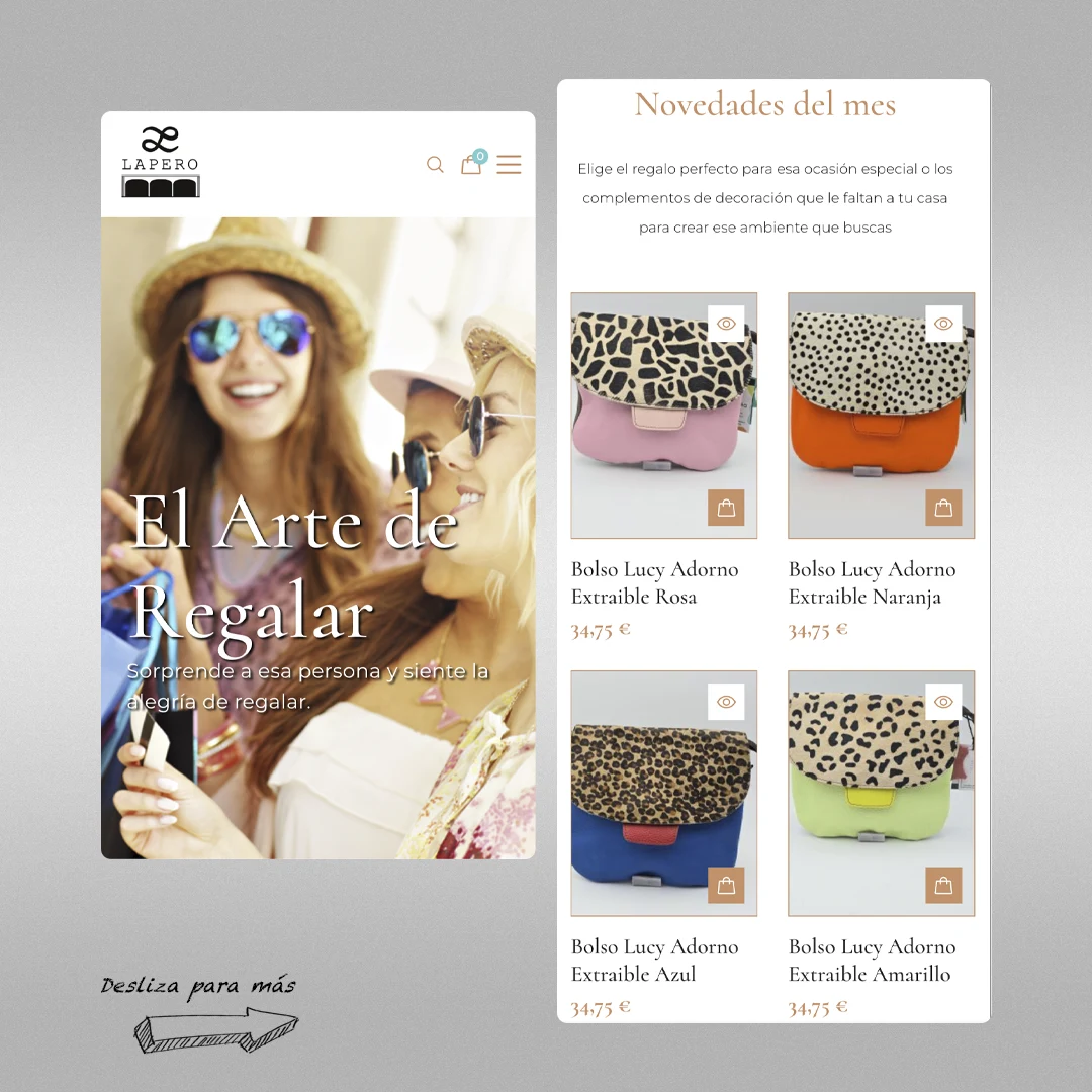 Diseño móvil responsive de la página de inicio de Regalos Lapero en un smartphone, garantizando una navegación táctil rápida y fluida.