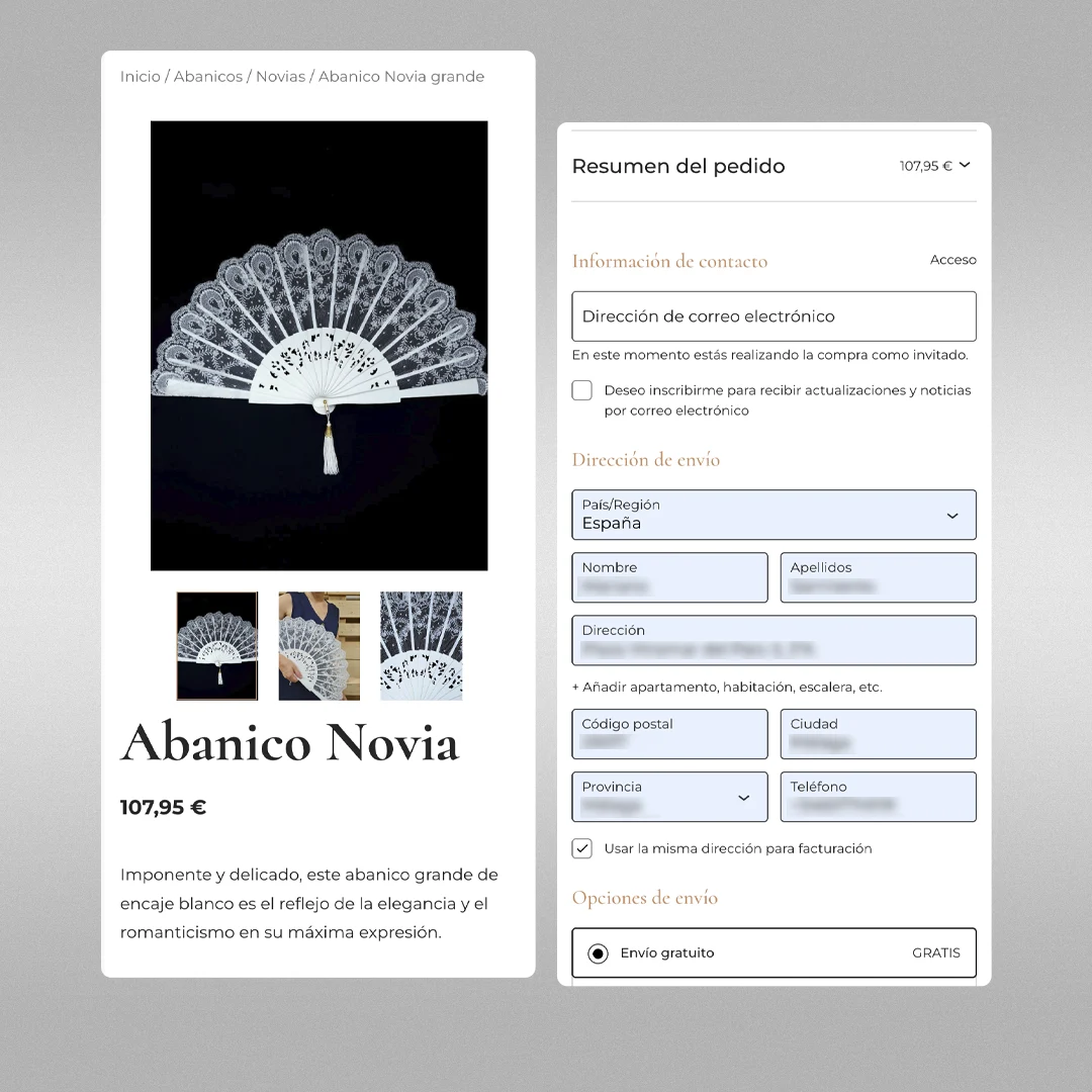 Vista del proceso de pago y checkout optimizado en el móvil para la tienda WooCommerce de Regalos Lapero, diseñado para evitar el abandono del carrito.