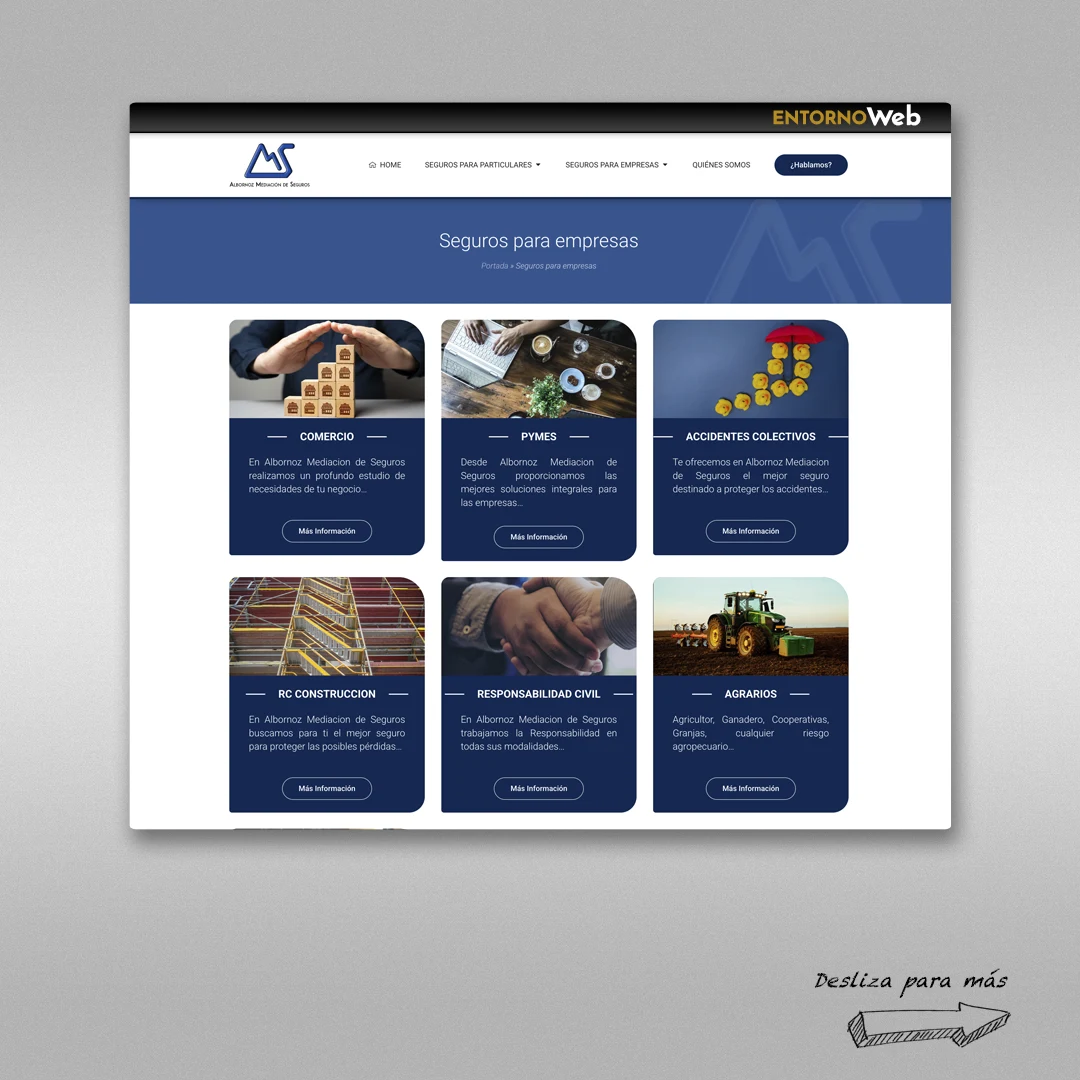 Sección de catálogo de seguros en la web albornozmediacion.es, con iconos claros y organizados para mejorar la experiencia de usuario.