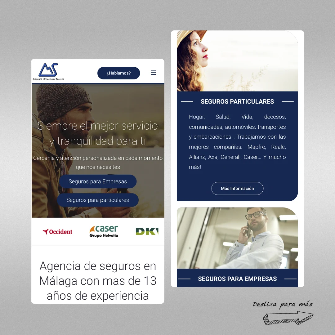 Vista responsive en un teléfono móvil de la web de seguros Albornoz Mediación, destacando la adaptación de los menús y la velocidad de carga.