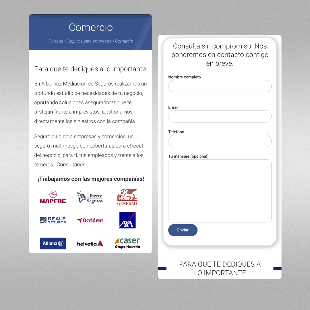 Detalle del formulario de contacto y llamadas a la acción enfocadas a la captación de clientes en la web de Albornoz Mediación.