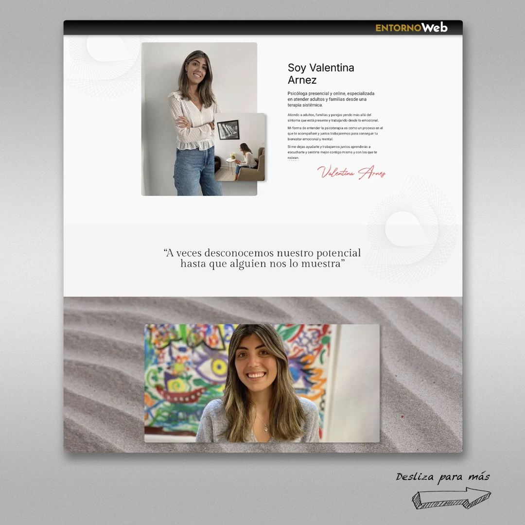 Detalle del diseño minimalista de la web corporativa de Valentina Arnez en versión PC, optimizado para una navegación intuitiva del paciente.