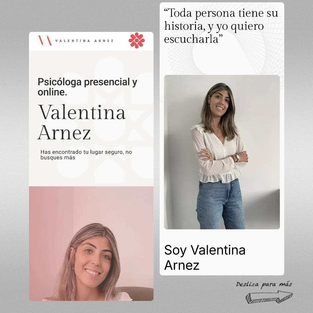 Vista responsive en smartphone de la web de la psicóloga Valentina Arnez, mostrando la adaptación perfecta del diseño para usuarios que buscan ayuda desde el móvil.