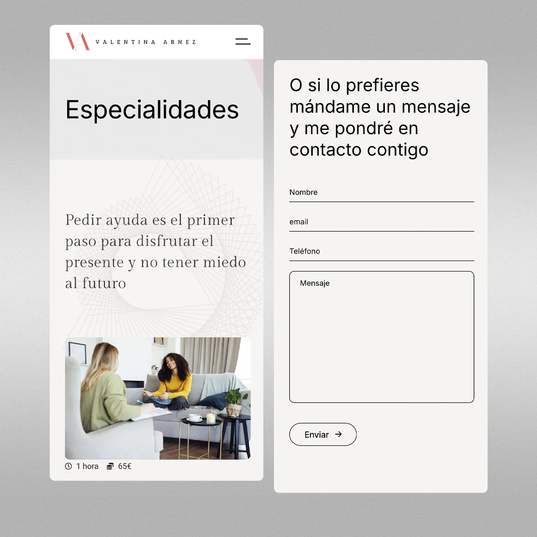 Formulario de contacto simplificado en la vista móvil de psicologavalentinaarnez.com, clave para la generación de leads y captación de nuevos pacientes.