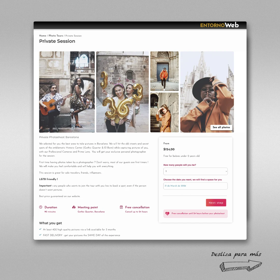 Interfaz del sistema de reservas online y calendario de disponibilidad para servicios de fotografía en la versión de escritorio de la web.